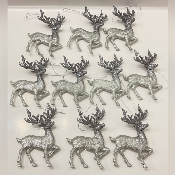 🎄NWOT Silver Glitter Reindeer Ornaments Set of 10